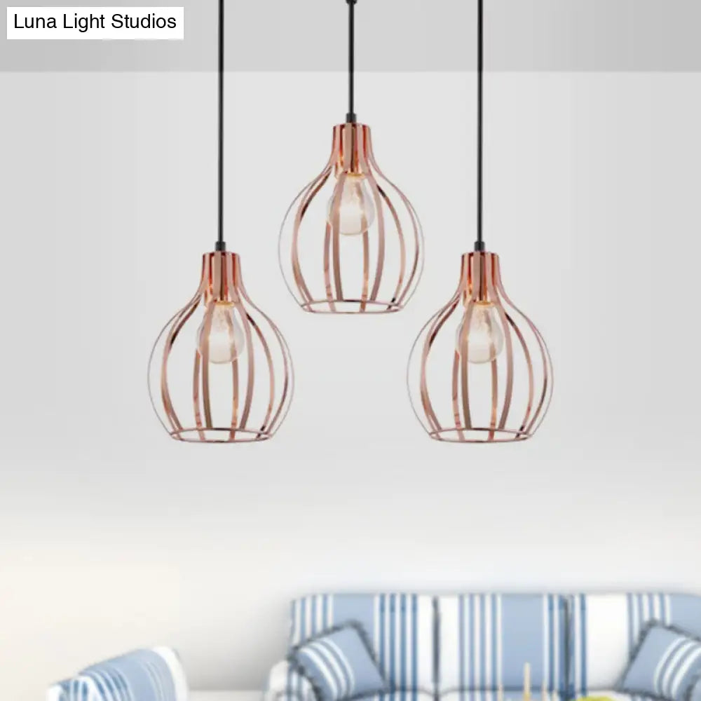 Metallic Rose Gold Pendant Lighting - Industrial Style Ceiling Light Fixture With Cage Shade 3