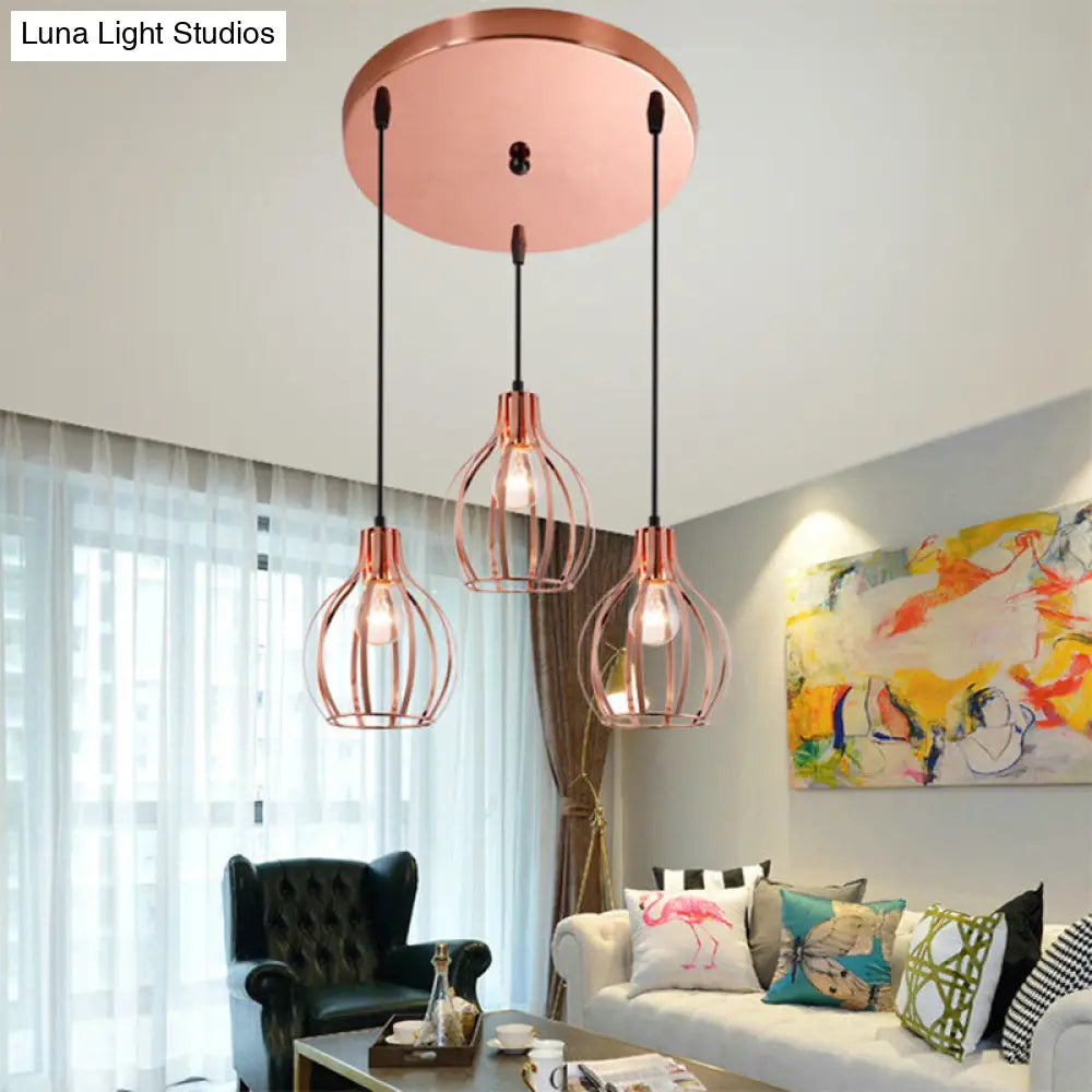 Industrial Style Metallic Rose Gold Pendant Lighting With 3 Lights And Global Cage Shade / Round