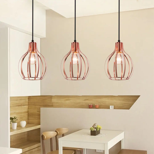 Metallic Rose Gold Pendant Lighting - Industrial Style Ceiling Light Fixture With Cage Shade 3