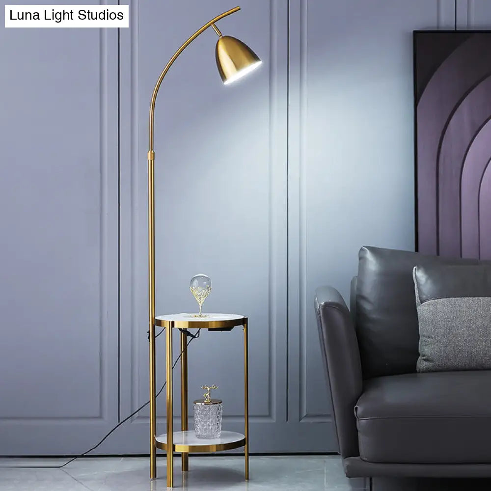 Metallic Single-Bulb Nordic Style Bedside Floor Lamp With 2-Tier Marble Shelf