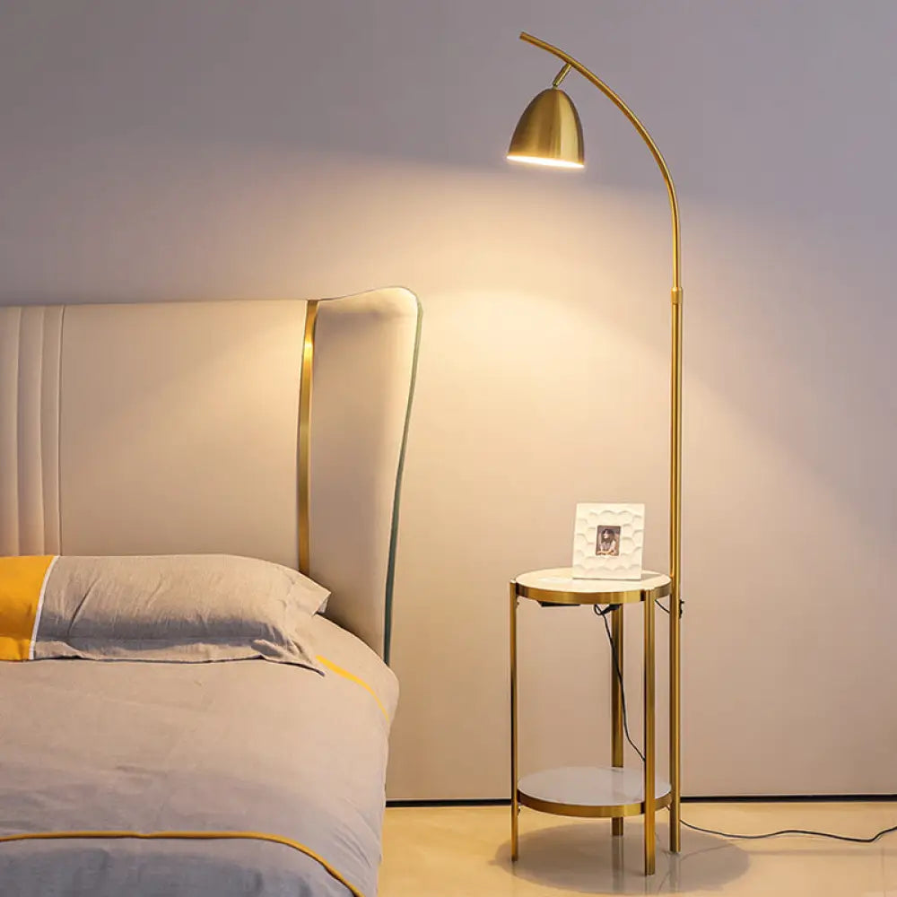 Metallic Single-Bulb Nordic Style Bedside Floor Lamp With 2-Tier Marble Shelf Gold