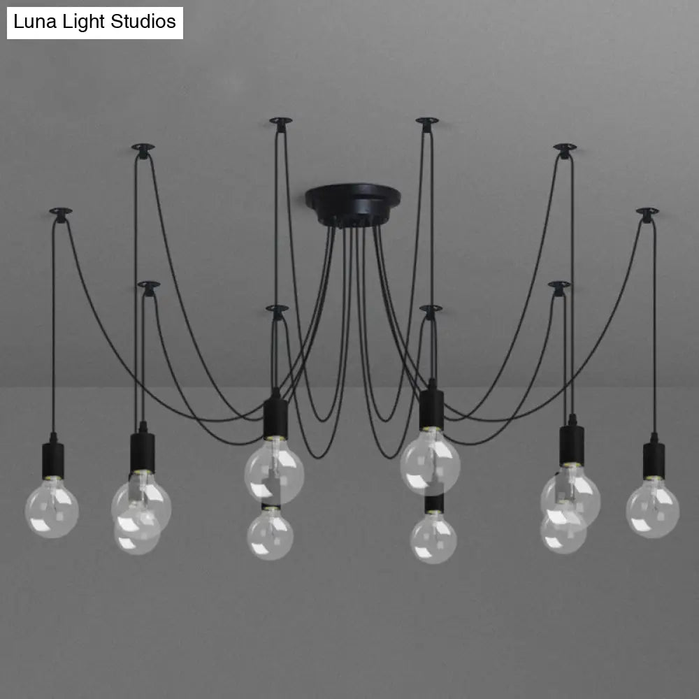 Black Industrial Swag Pendant Metallic Chandelier With Exposed Bulbs - Multi Light For Living Room