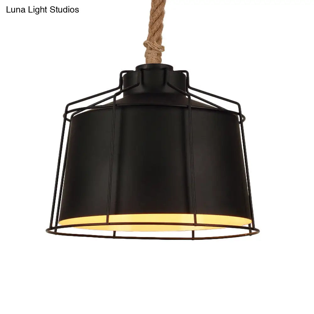 Metallic Tapered Ceiling Pendant Light - Loft Style Restaurant Lighting Black Wire Frame & Rope Cord