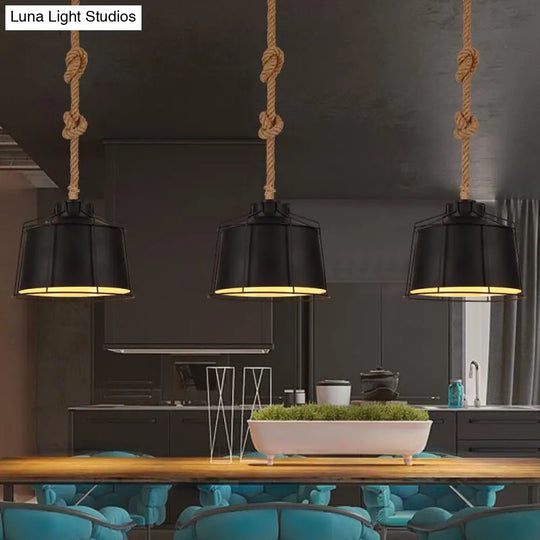 Metallic Tapered Ceiling Pendant Light - Loft Style Restaurant Lighting Black Wire Frame & Rope Cord