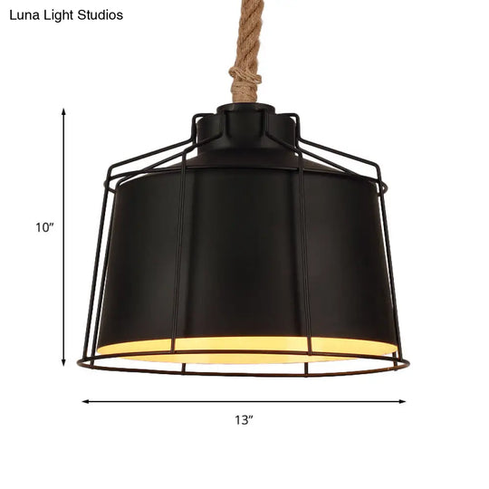 Metallic Tapered Ceiling Pendant Light - Loft Style Restaurant Lighting Black Wire Frame & Rope Cord