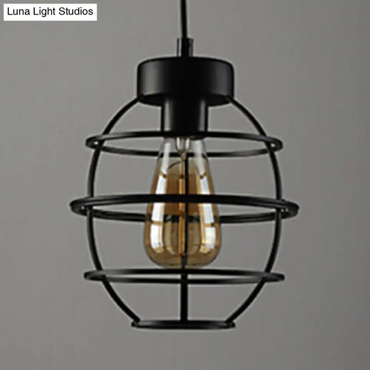 Metallic Vintage Oval Hanging Pendant Light With Black Wire Frame - Stylish Kitchen Lamp (1 Bulb)