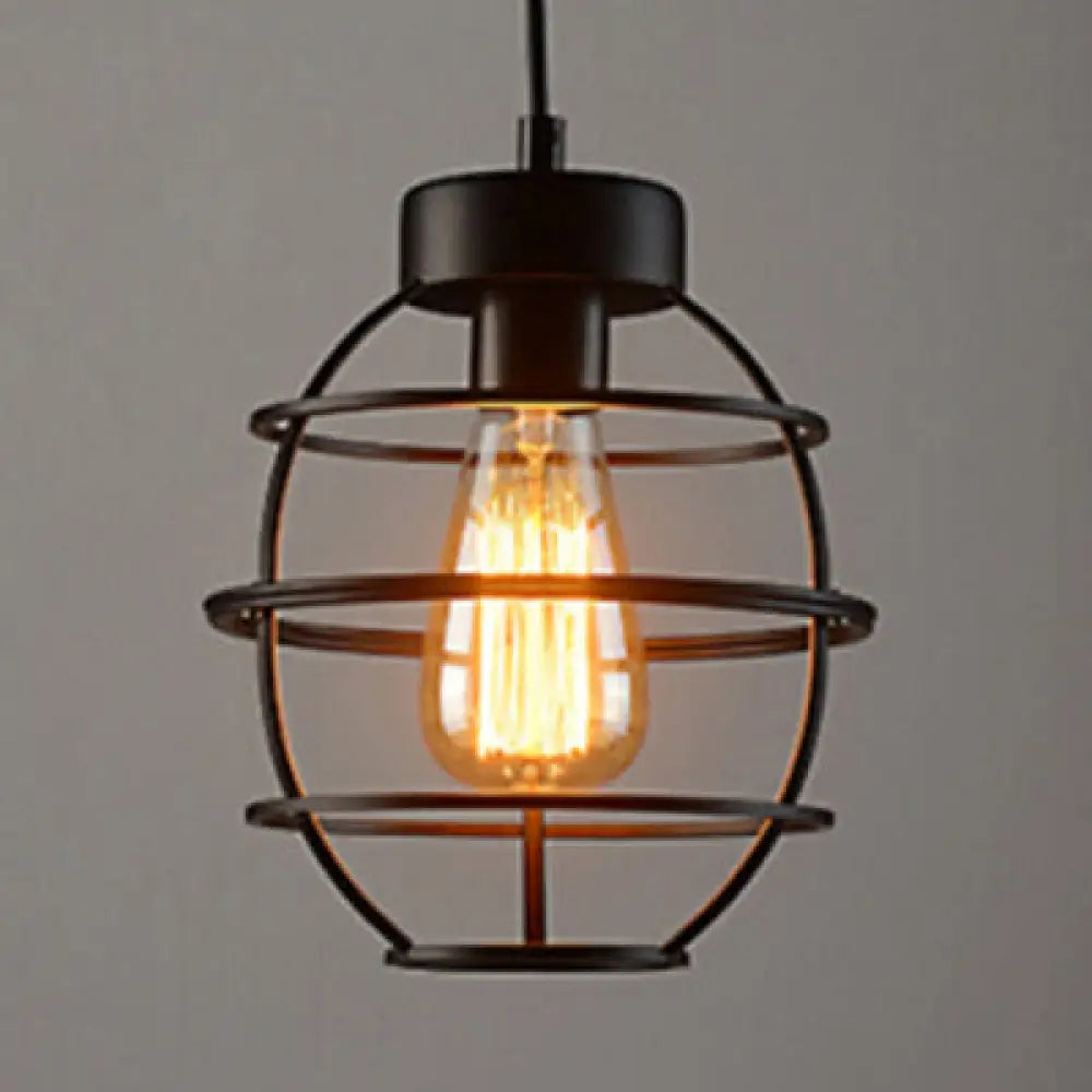 Metallic Vintage Oval Hanging Pendant Light With Black Wire Frame - Stylish Kitchen Lamp (1 Bulb)