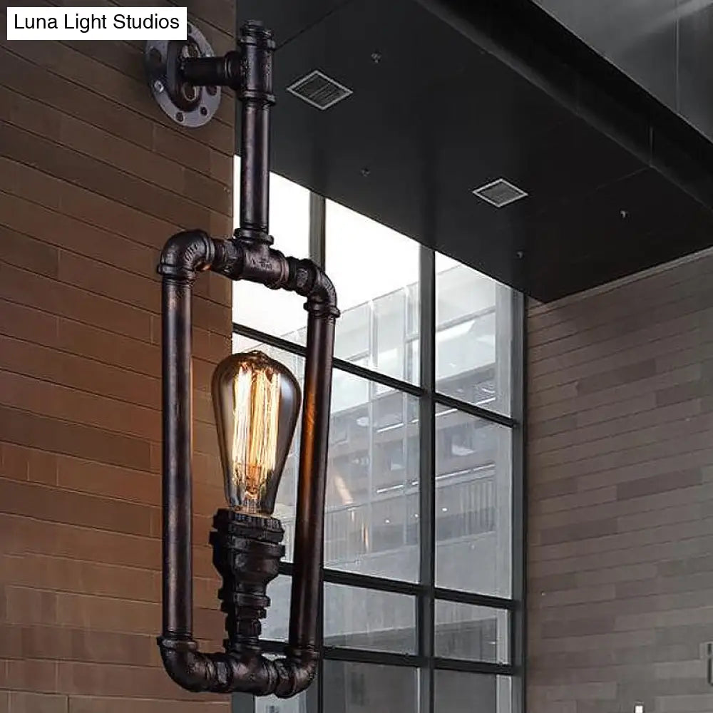 Metallic Water Pipe Industrial Wall Sconce - 1 Light Rectangle Lamp For Living Room In Black