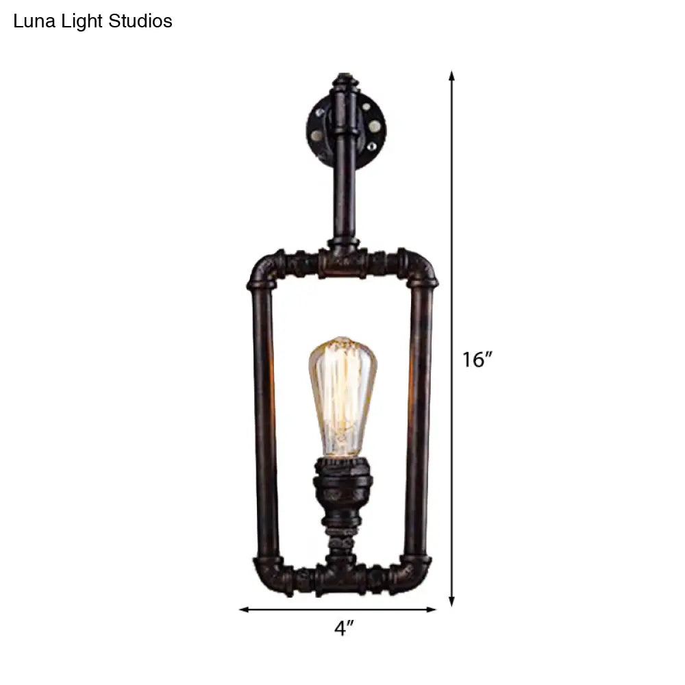 Metallic Water Pipe Industrial Wall Sconce - 1 Light Rectangle Lamp For Living Room In Black