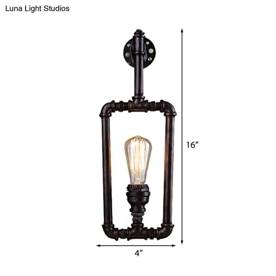 Metallic Water Pipe Industrial Wall Sconce - 1 Light Rectangle Lamp For Living Room In Black