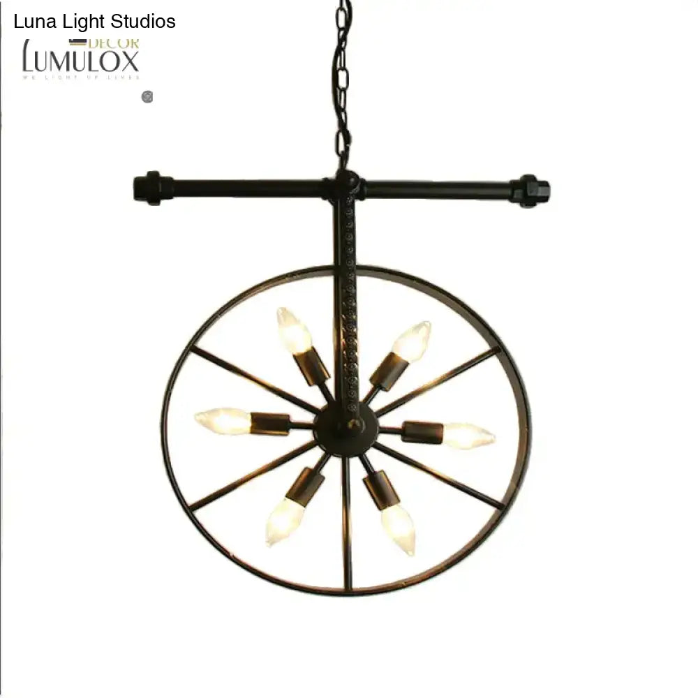 Metallic Wheel Chandelier Lamp Art Deco 6 Lights White/Black/Rust Pendant Ceiling Light For