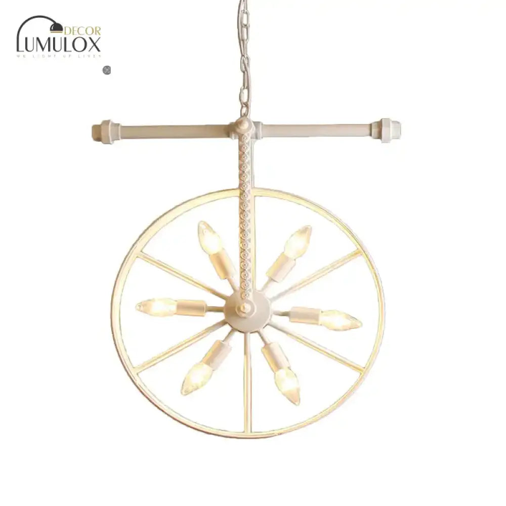 Metallic Wheel Chandelier Lamp Art Deco 6 Lights White/Black/Rust Pendant Ceiling Light For