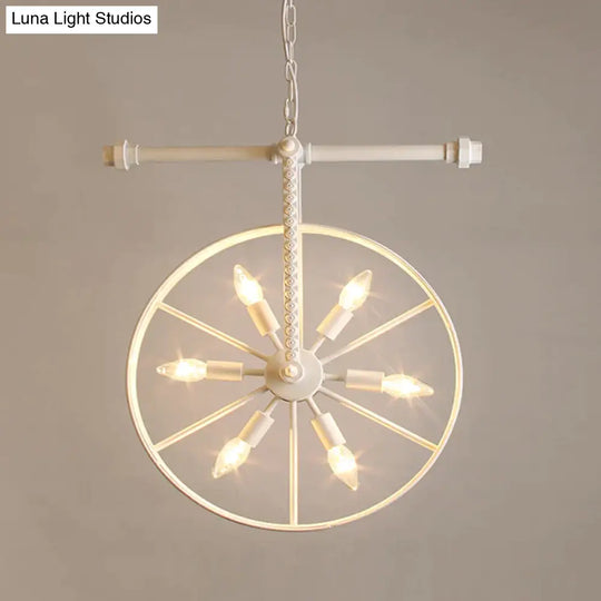 Metallic Wheel Chandelier Lamp Art Deco 6 Lights White/Black/Rust Pendant Ceiling Light For