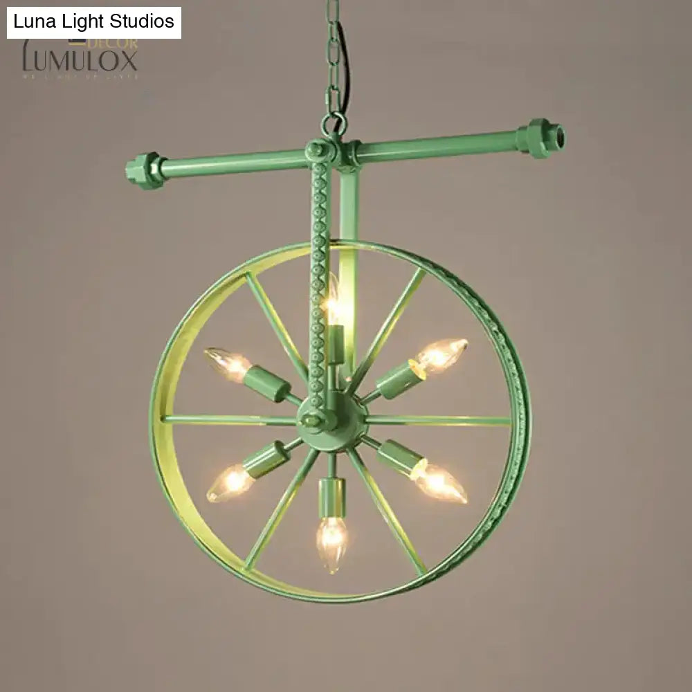 Metallic Wheel Chandelier Lamp Art Deco 6 Lights White/Black/Rust Pendant Ceiling Light For