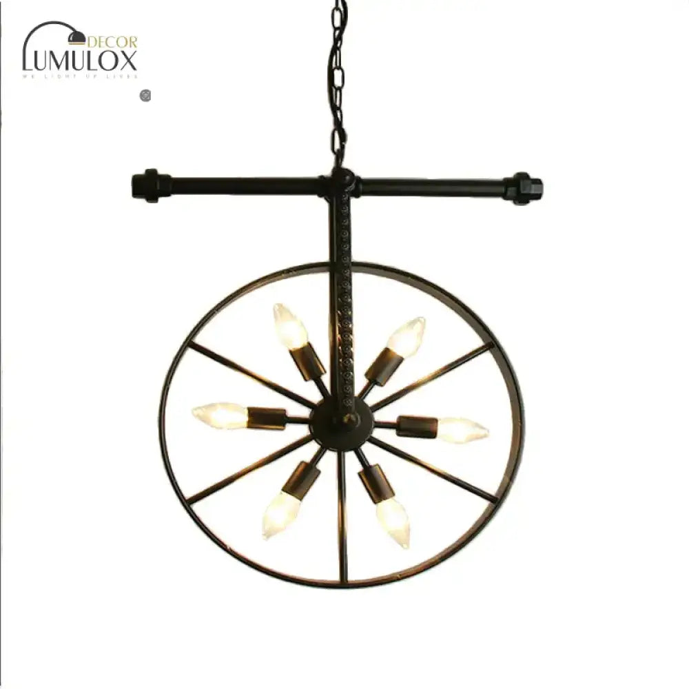 Metallic Wheel Chandelier Lamp Art Deco 6 Lights White/Black/Rust Pendant Ceiling Light For