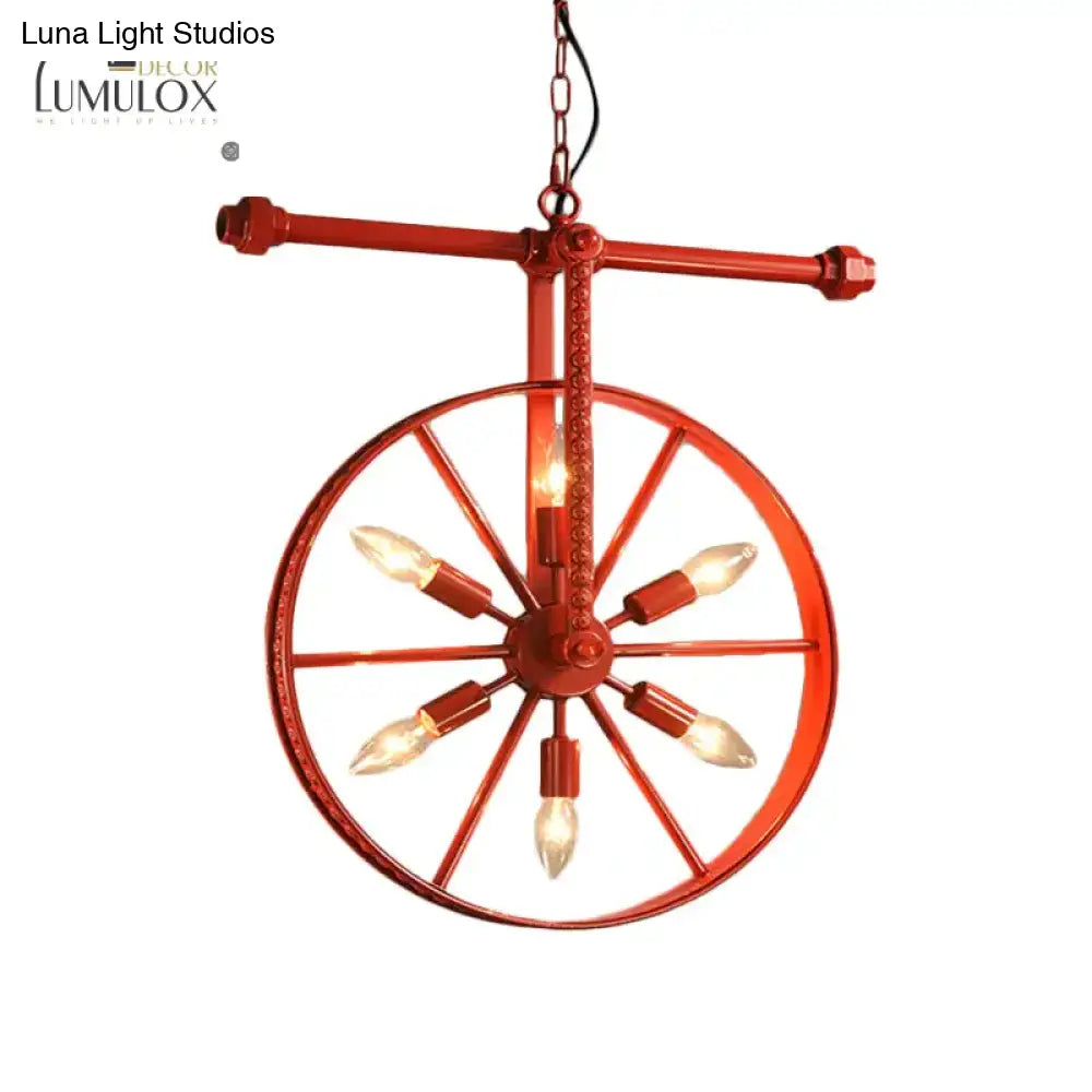 Metallic Wheel Chandelier Lamp Art Deco 6 Lights White/Black/Rust Pendant Ceiling Light For