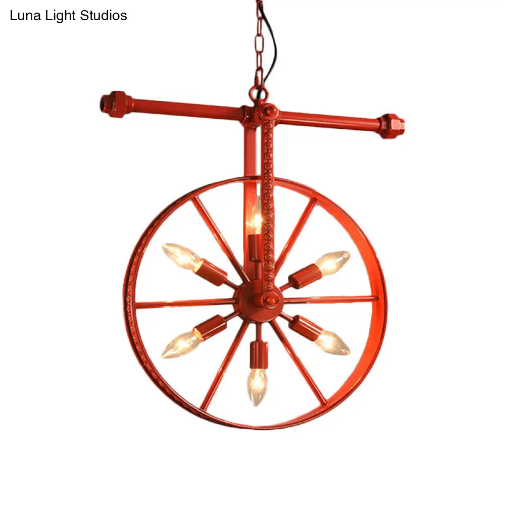 Art Deco Metallic Wheel Chandelier With 6 Lights - White/Black/Rust Pendant Ceiling Light Perfect