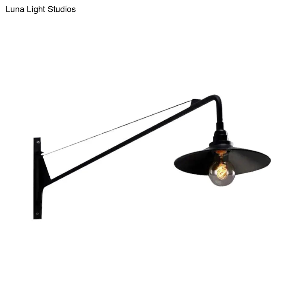 Metallic Wide Flared Wall Lamp: Antiqued 1 Light Coffee Shop Lighting In Black With Long Arm