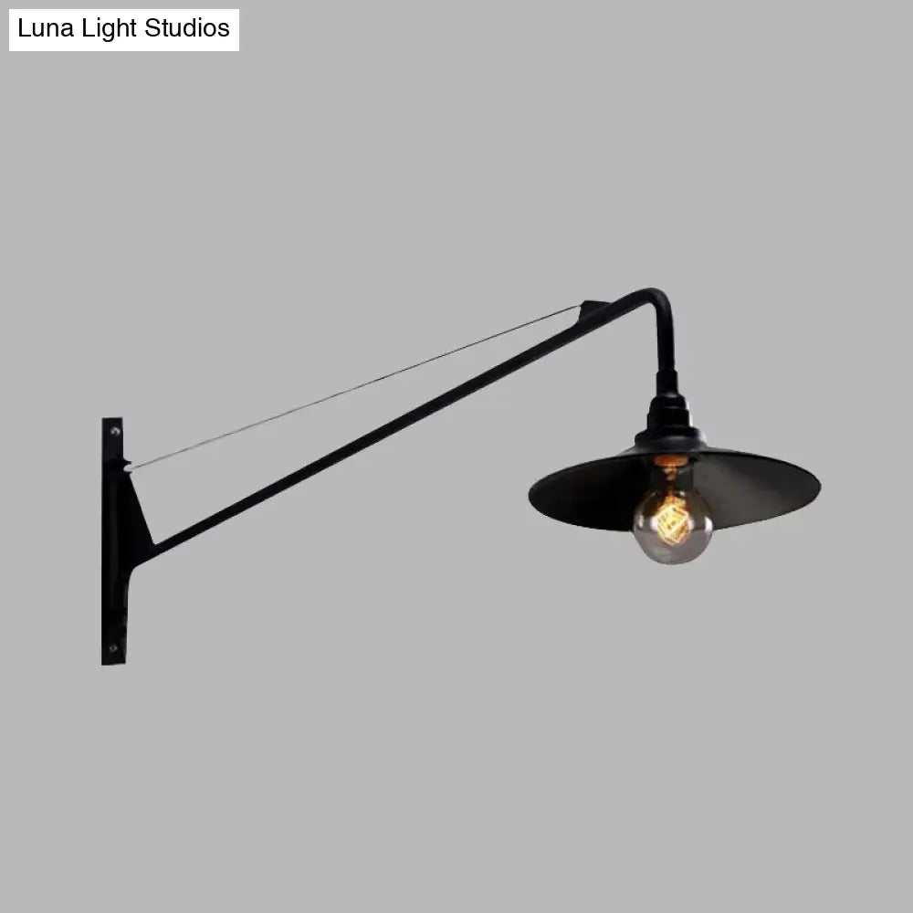 Metallic Wide Flared Wall Lamp: Antiqued 1 Light Coffee Shop Lighting In Black With Long Arm