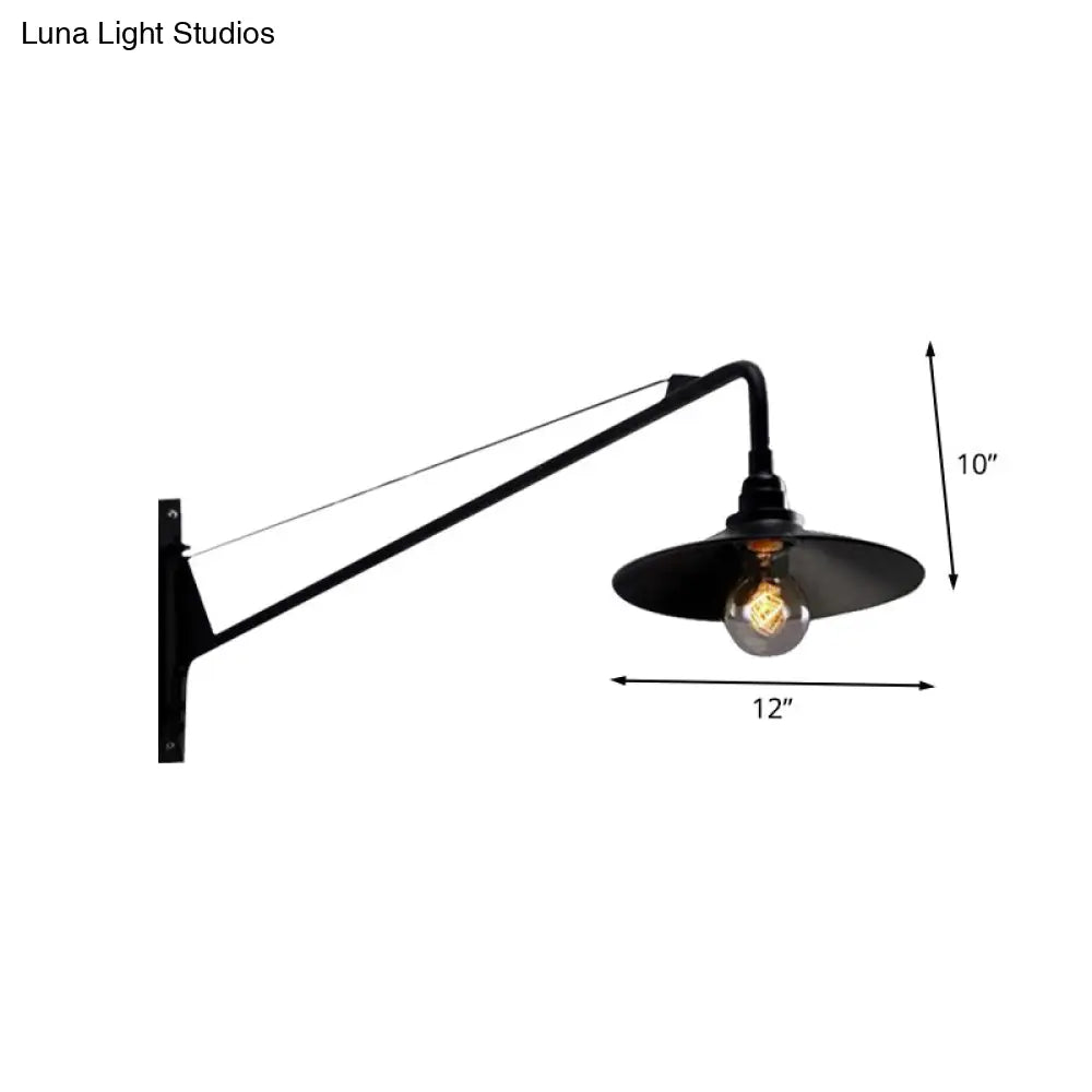 Metallic Wide Flared Wall Lamp: Antiqued 1 Light Coffee Shop Lighting In Black With Long Arm