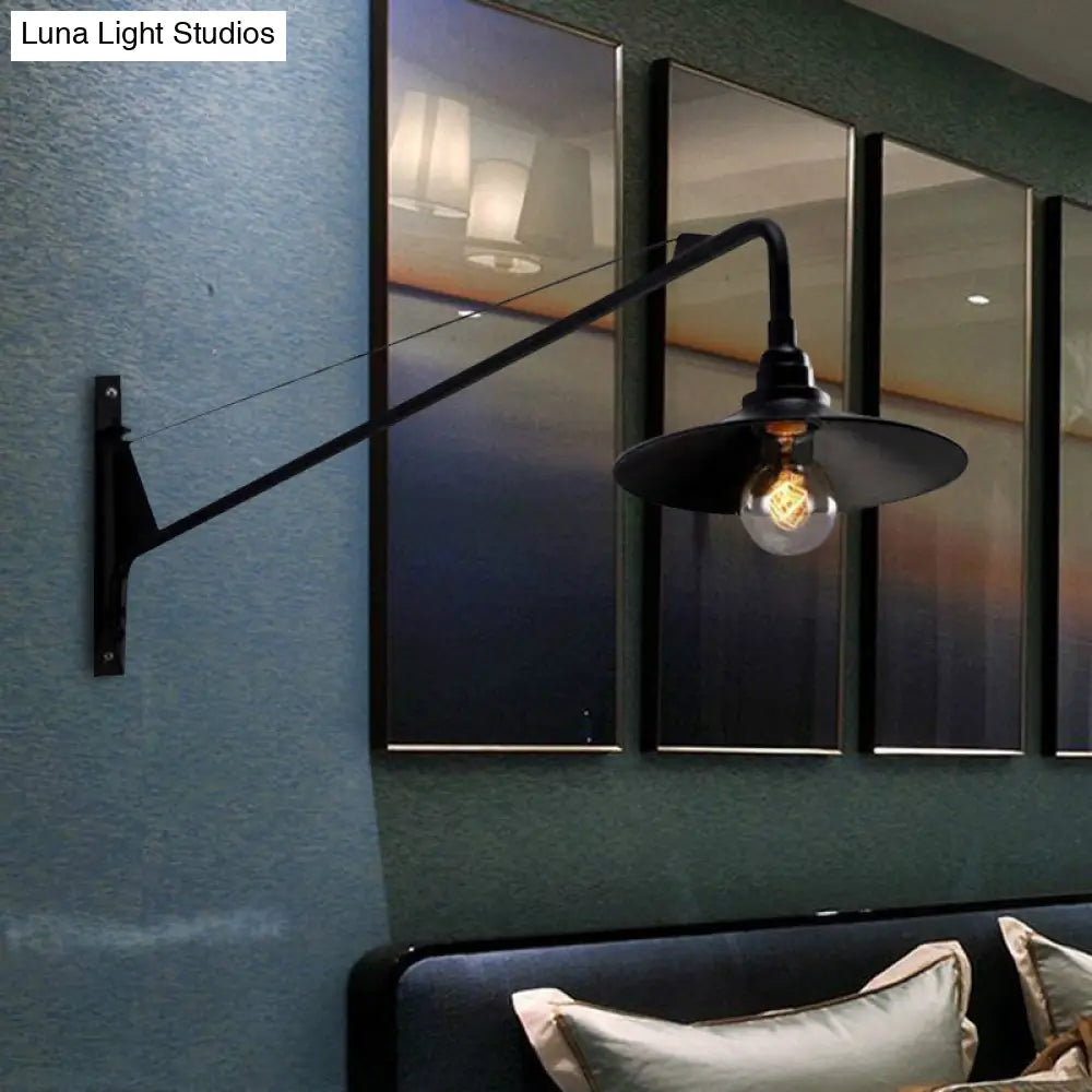 Metallic Wide Flared Wall Lamp: Antiqued 1 Light Coffee Shop Lighting In Black With Long Arm