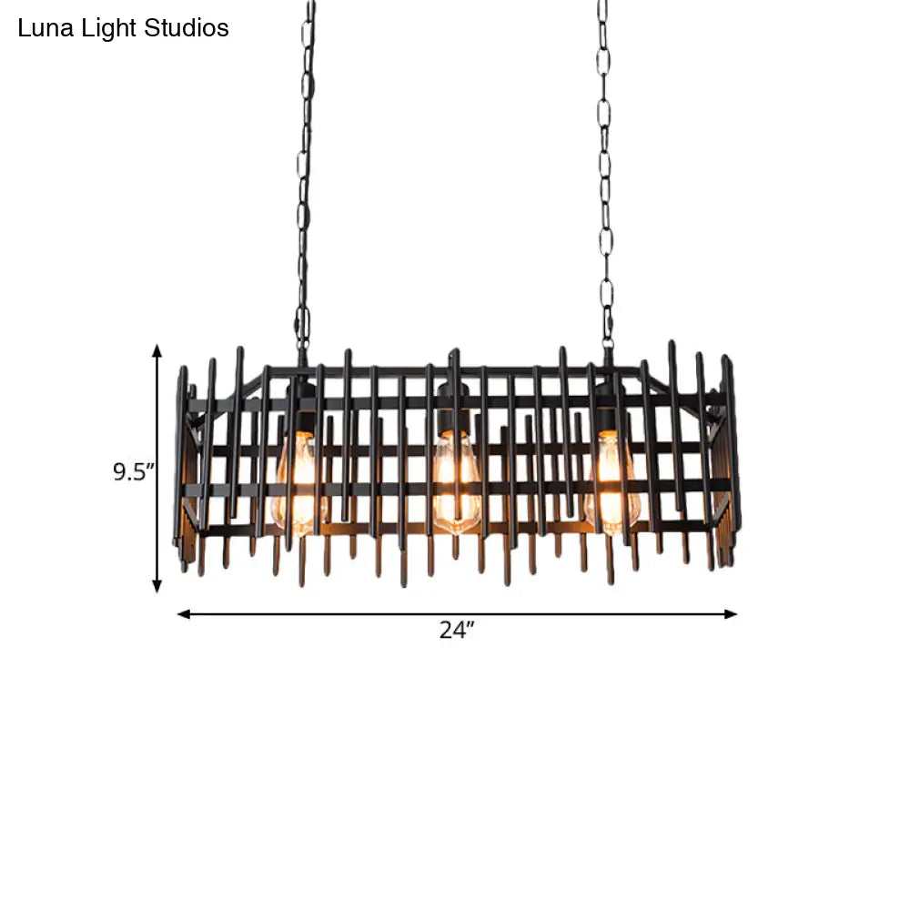 Metallic Wire Cage Island Light: Antique Style 3-Light Farmhouse Lamp In Black/Rust