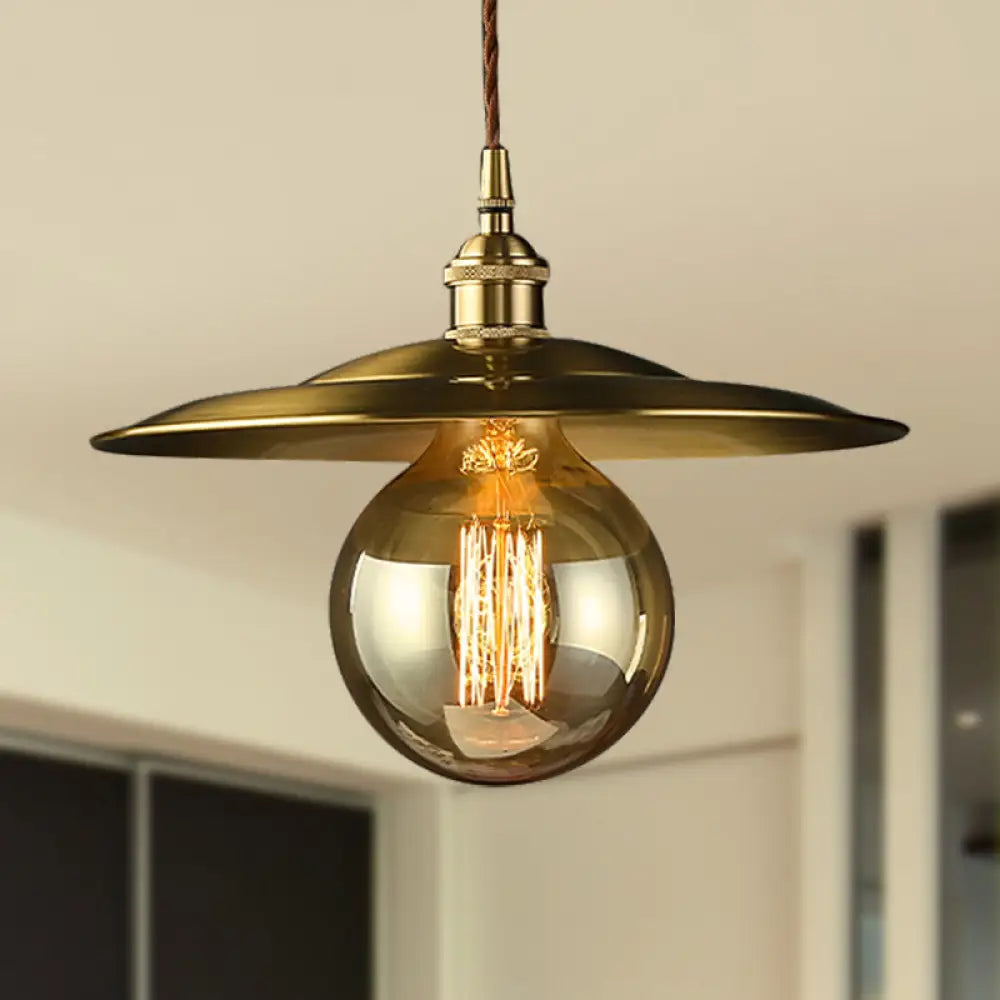 Mid Century 1-Light Brass Pendant With Adjustable Cord - Modern Flat Shade Ceiling Fixture