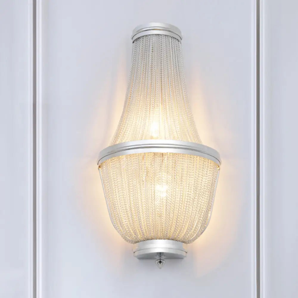 Mid-Century 2-Light Hand-Woven Tassel Fringe Aluminum Surface Wall Sconce - Coffee/Silver Flush