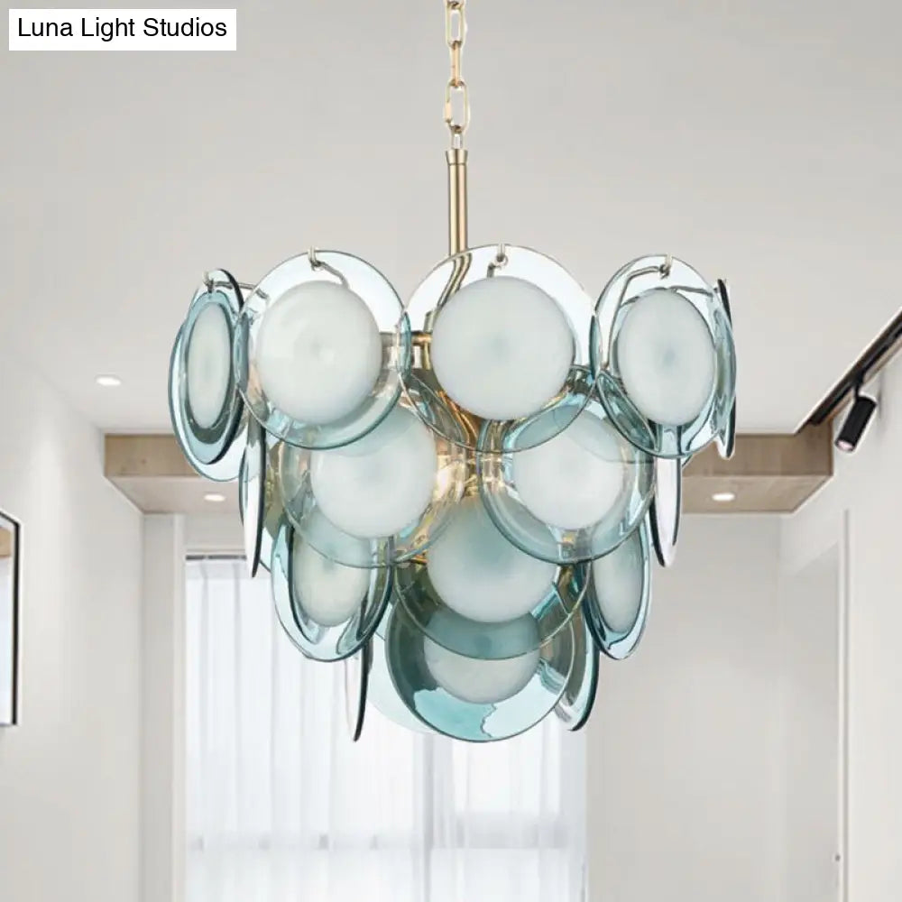 Flaked Blue Glass 3-Tier Chandelier With 7 Lights - Mid Century Pendant Ceiling Light For Living