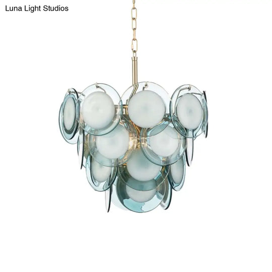 Flaked Blue Glass 3-Tier Chandelier With 7 Lights - Mid Century Pendant Ceiling Light For Living