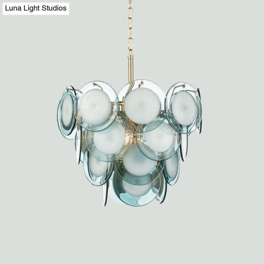 Flaked Blue Glass 3-Tier Chandelier With 7 Lights - Mid Century Pendant Ceiling Light For Living