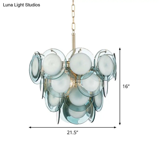 Flaked Blue Glass 3-Tier Chandelier With 7 Lights - Mid Century Pendant Ceiling Light For Living