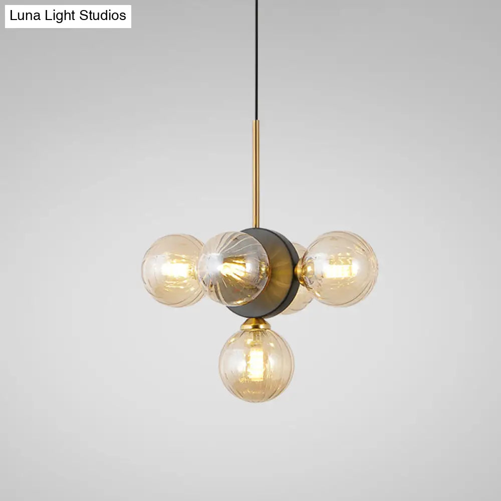 Mid Century 5-Light Restaurant Chandelier Pendant With White/Amber Glass - Elegant Burst Design