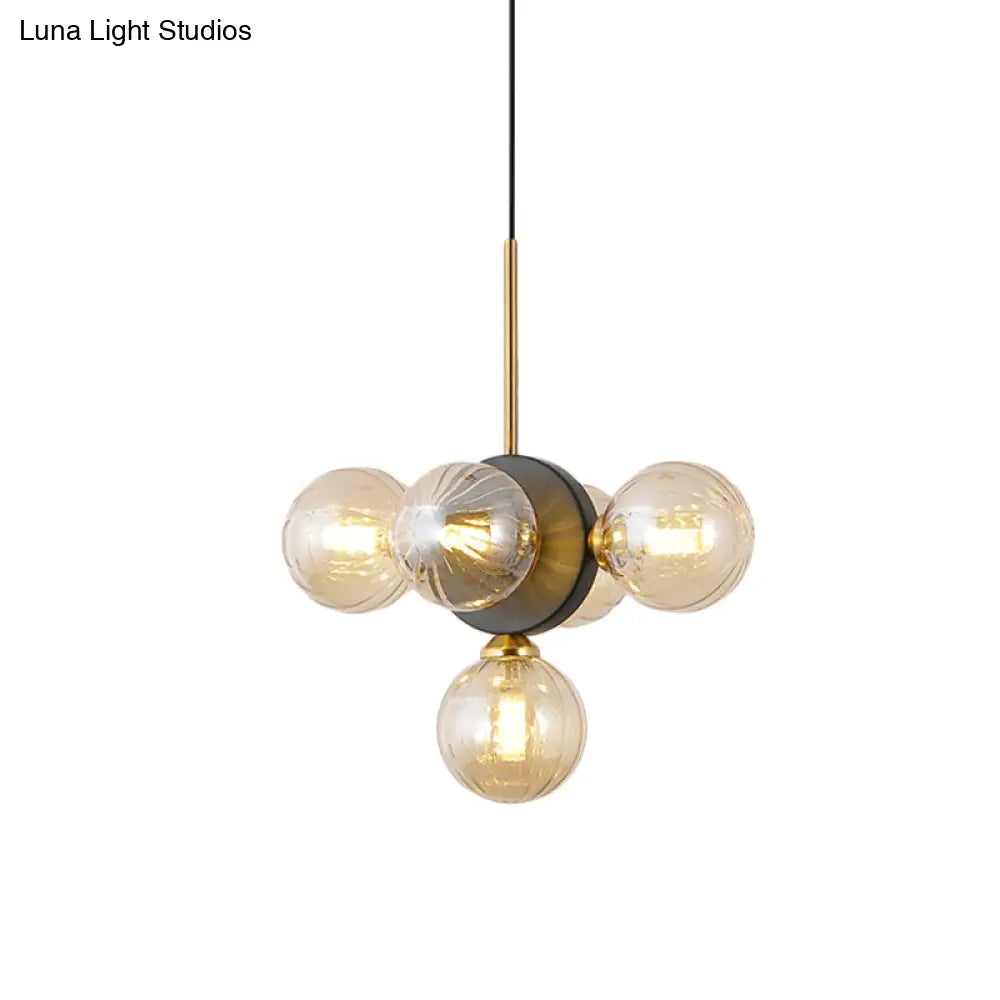 Mid Century 5-Light Restaurant Chandelier Pendant With White/Amber Glass - Elegant Burst Design