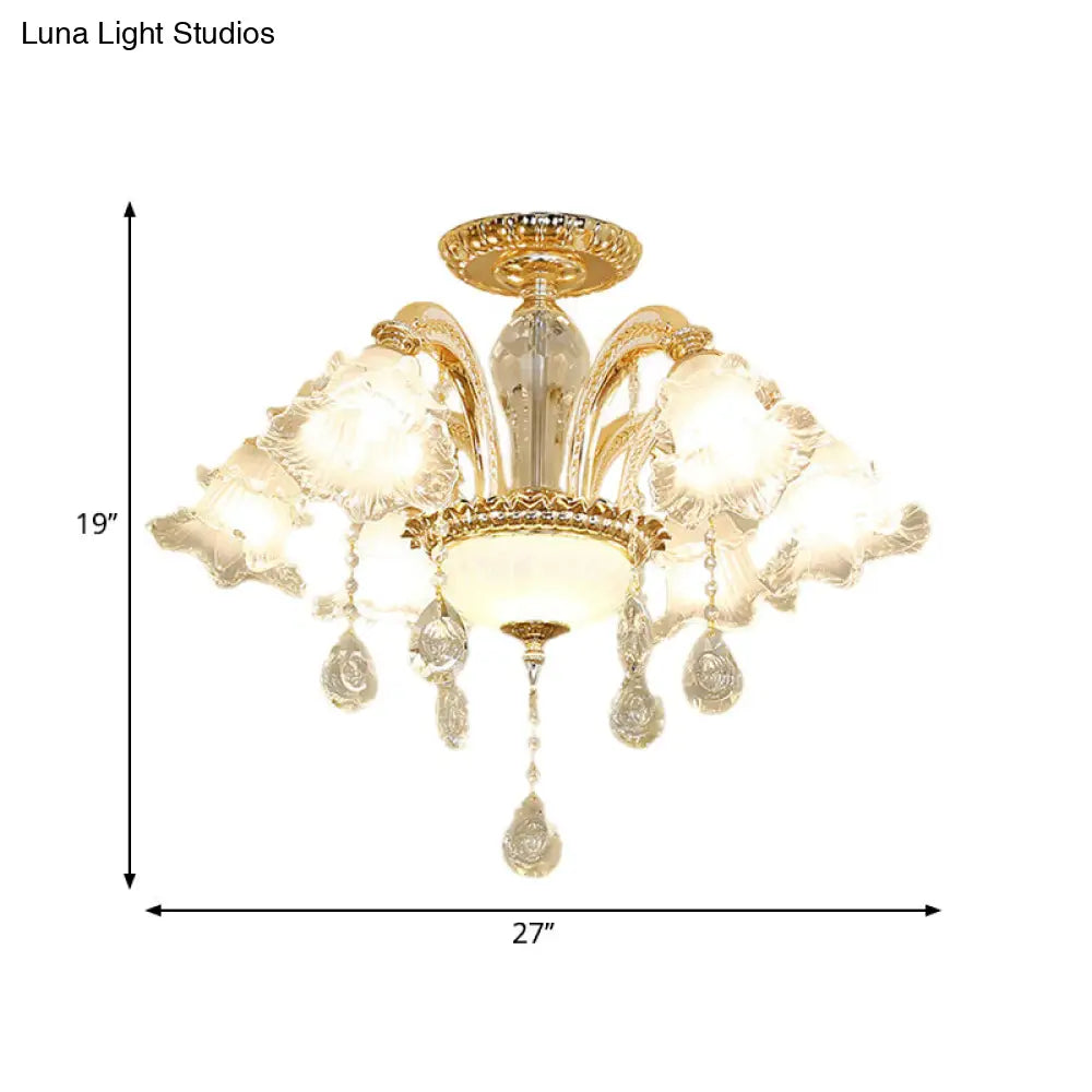 Gold Hand-Cut K9 Crystal Flower Semi Flush Mid Century Ceiling Light - 6 Lights For Bedroom