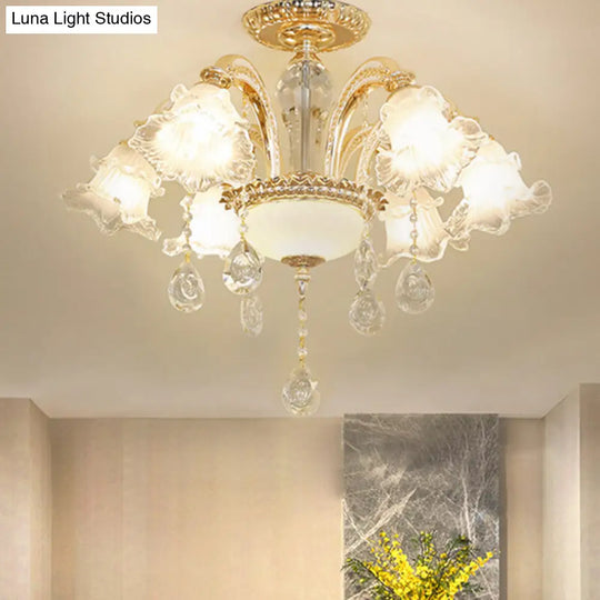 Gold Hand-Cut K9 Crystal Flower Semi Flush Mid Century Ceiling Light - 6 Lights For Bedroom