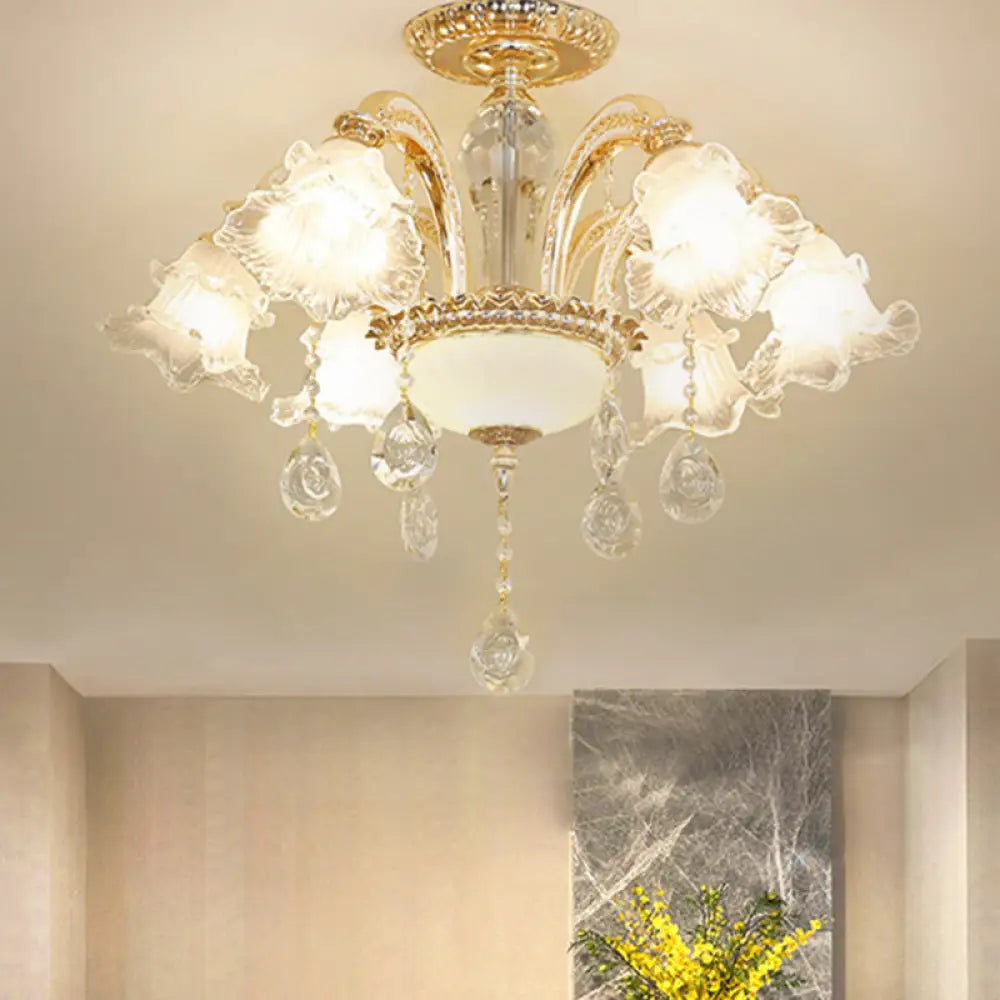 Mid Century 6-Light Flower K9 Crystal Semi Flush Mount Ceiling Fixture In Gold Finish