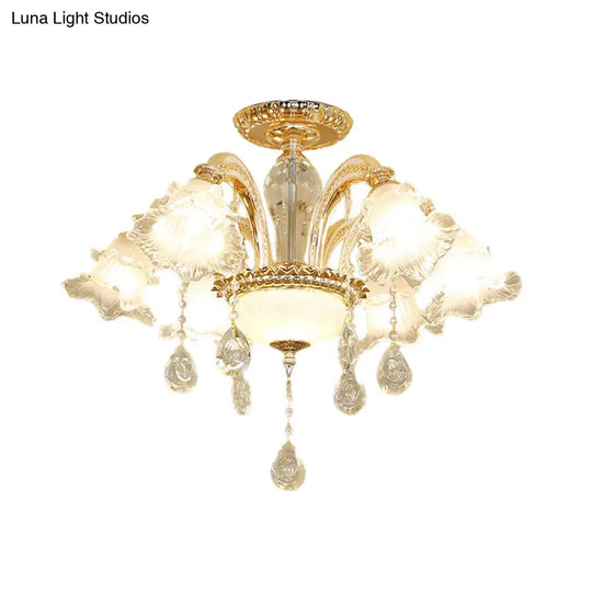 Gold Hand-Cut K9 Crystal Flower Semi Flush Mid Century Ceiling Light - 6 Lights For Bedroom