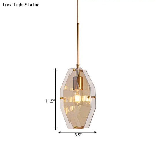 Mid-Century Amber Glass Pendant Light - Double Diamond Sheet Ceiling Hanging Lamp With Brass Finish