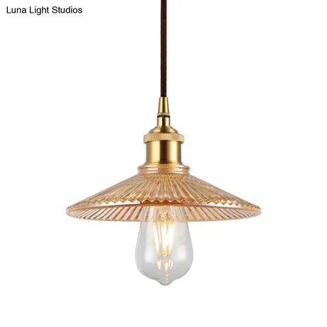Mid Century Amber Glass Ribbed Cone Pendant Light - Single Bulb Ceiling Suspension For Restaurants