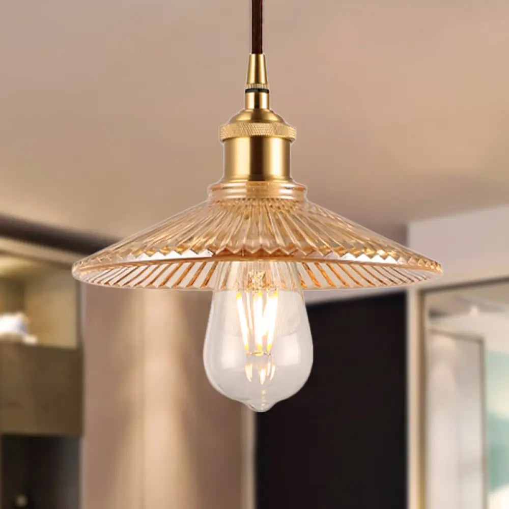 Mid Century Amber Glass Ribbed Cone Pendant Light - Single Bulb Ceiling Suspension For Restaurants