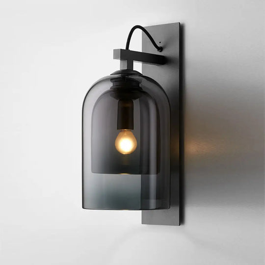 Mid-Century Black Wall Sconce With Dual Dome Glass Shade For Living Room 1 Bulb Fixture Smoke Gray