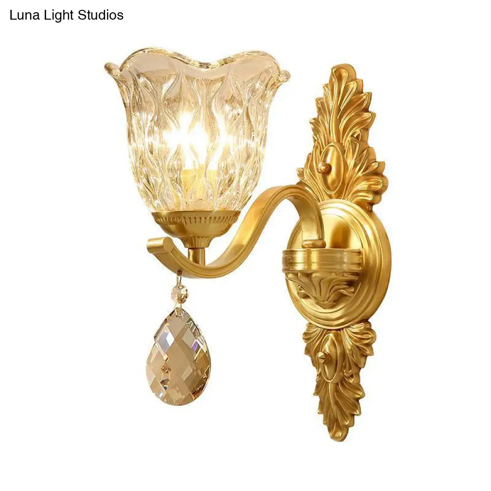 Mid-Century Blown Glass Bellflower Wall Light - Brass 1-Light Sconce For Dining Room