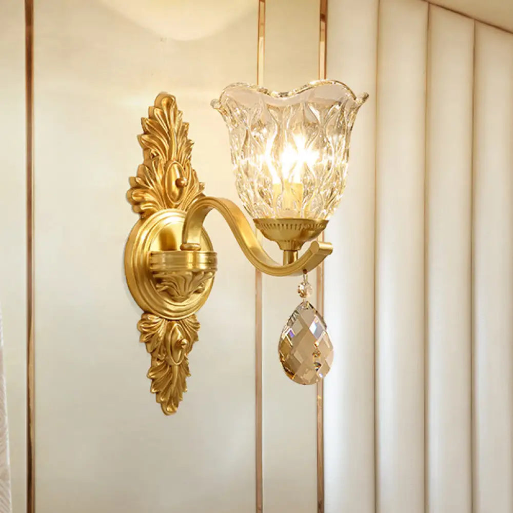 Mid-Century Blown Glass Bellflower Wall Light - Brass 1-Light Sconce For Dining Room