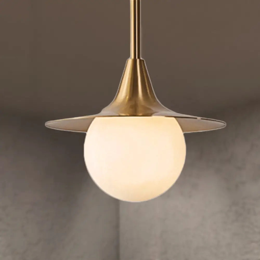 Mid Century Brass Ceiling Pendant Light With Milk Glass Ball Shade - Stylish Hanging Lamp For