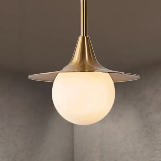 Mid Century Brass Ceiling Pendant Light With Milk Glass Ball Shade - Stylish Hanging Lamp For