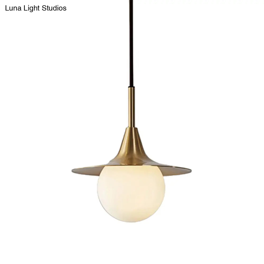 Mid Century Brass Ceiling Pendant Light With Milk Glass Ball Shade - Stylish Hanging Lamp For