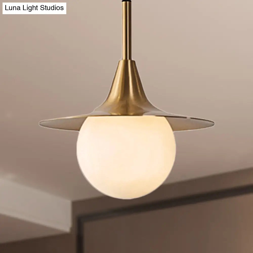 Mid Century Brass Ceiling Pendant Light With Milk Glass Ball Shade - Stylish Hanging Lamp For