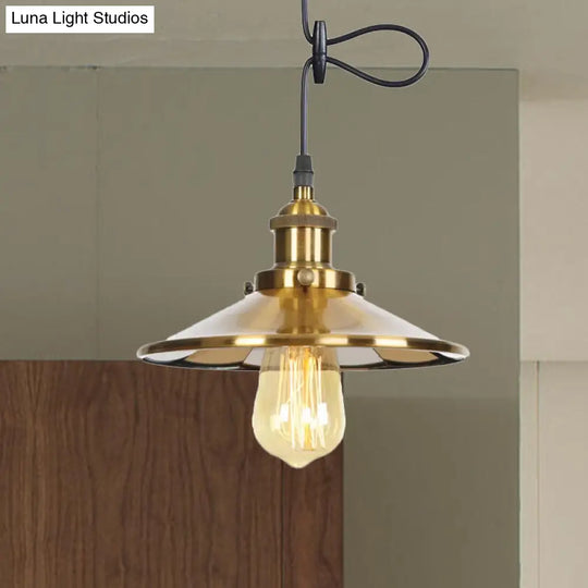 Mid Century Brass Conic Pendant Light With Adjustable Cord - Indoor Ceiling Lamp