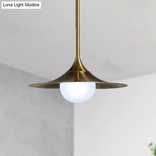 Mid Century Brass Flared Ceiling Light With Frosted Glass Shade - 1 Hallway Pendant